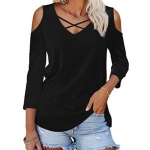 Black V-Neck Criss Cross Cold Shoulder Blouse